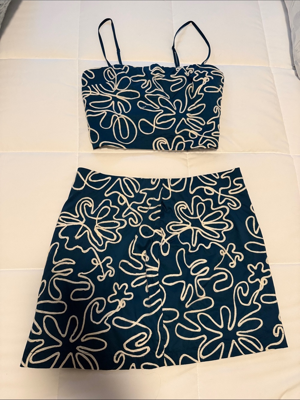 Dynamite Teal Mini Skirt with White Floral Outline